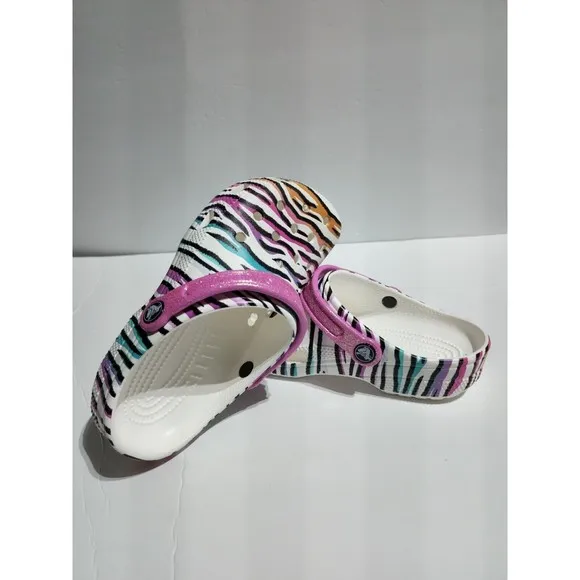 New Kids Crocs Classic Animal Print Clogs Glitter Sandals Multi/white US size J3
