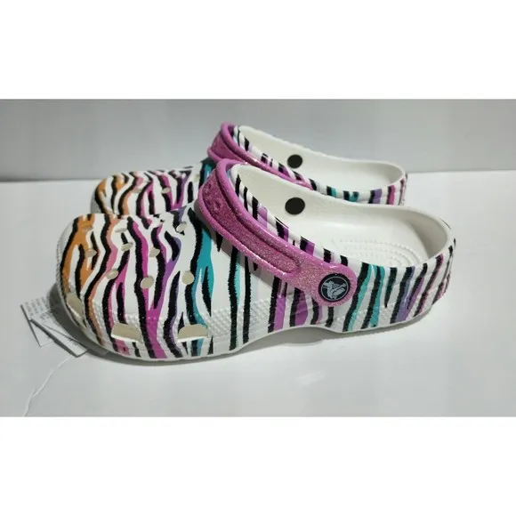 New Kids Crocs Classic Animal Print Clogs Glitter Sandals Multi/white US size J3