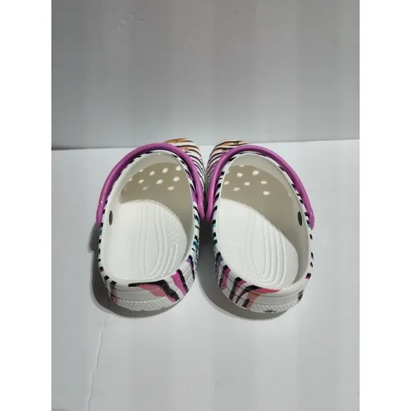 New Kids Crocs Classic Animal Print Clogs Glitter Sandals Multi/white US size J3