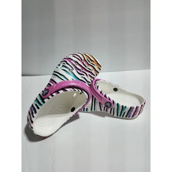 New Kids Crocs Classic Animal Print Clogs Glitter Sandals Multi/white US size J3