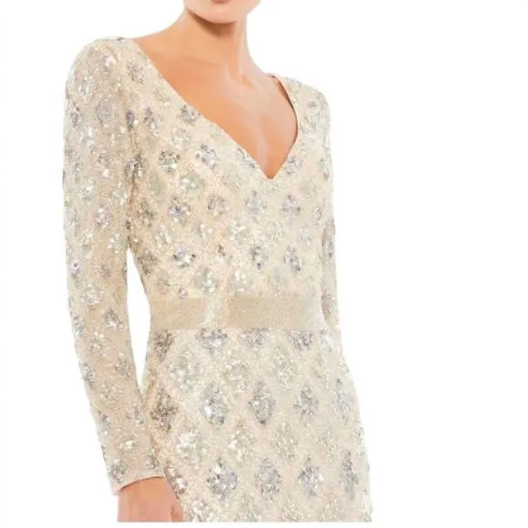 NEW MAC DUGGAL beaded geometric silver sparkle dress in nude