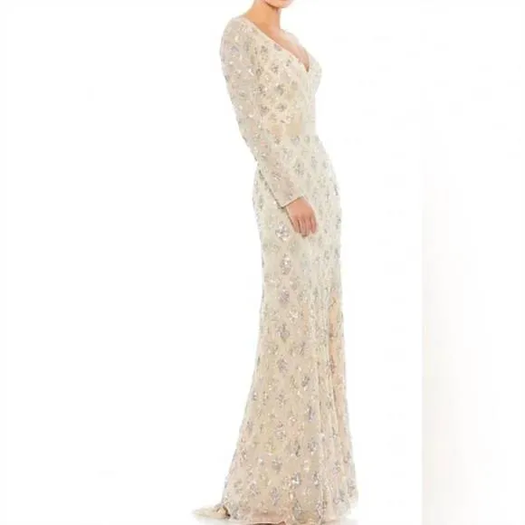 NEW MAC DUGGAL beaded geometric silver sparkle dress in nude