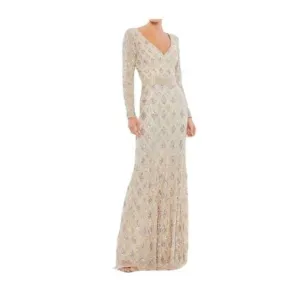 NEW MAC DUGGAL beaded geometric silver sparkle dress in nude