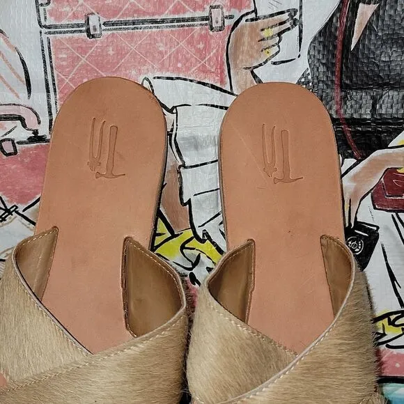 New Michael Grey The Sandal Factory Olive Exotic Blonde Hair On Slide Sandals 6