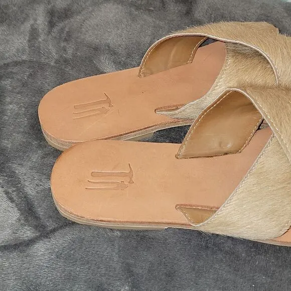 New Michael Grey The Sandal Factory Olive Exotic Blonde Hair On Slide Sandals 6