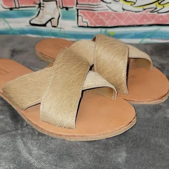New Michael Grey The Sandal Factory Olive Exotic Blonde Hair On Slide Sandals 6