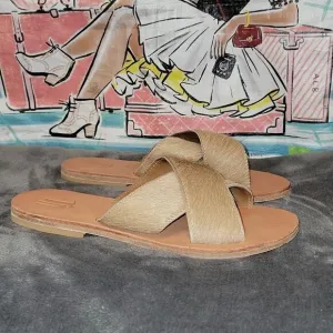 New Michael Grey The Sandal Factory Olive Exotic Blonde Hair On Slide Sandals 6
