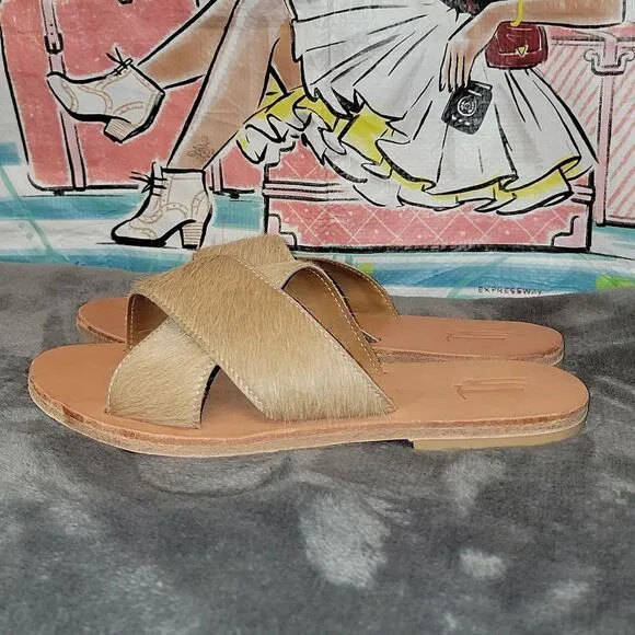 New Michael Grey The Sandal Factory Olive Exotic Blonde Hair On Slide Sandals 6