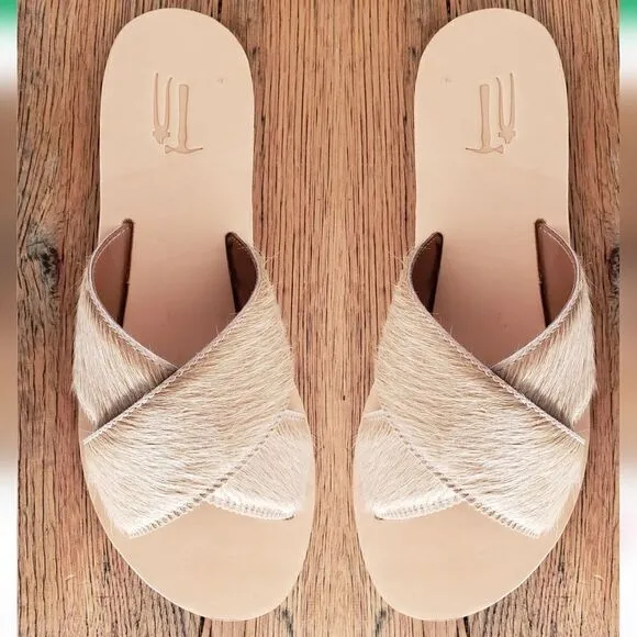 New Michael Grey The Sandal Factory Olive Exotic Blonde Hair On Slide Sandals 6