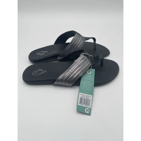 NEW Olukai Mahina Steel Black Natural Flip Flop Sandals Women's Size 10 Beach