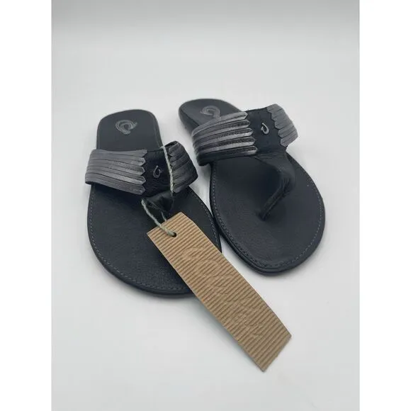 NEW Olukai Mahina Steel Black Natural Flip Flop Sandals Women's Size 10 Beach