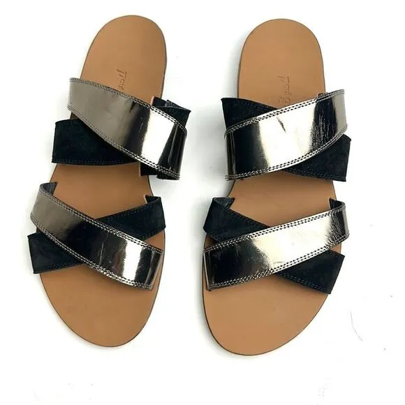 NEW Paul Green Venice Flat Strappy Slide Sandals Black Suede Patent Leather 9,5