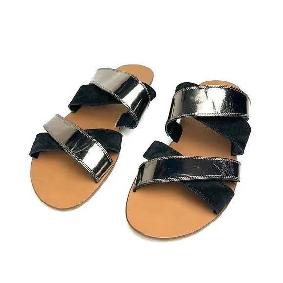 NEW Paul Green Venice Flat Strappy Slide Sandals Black Suede Patent Leather 9,5
