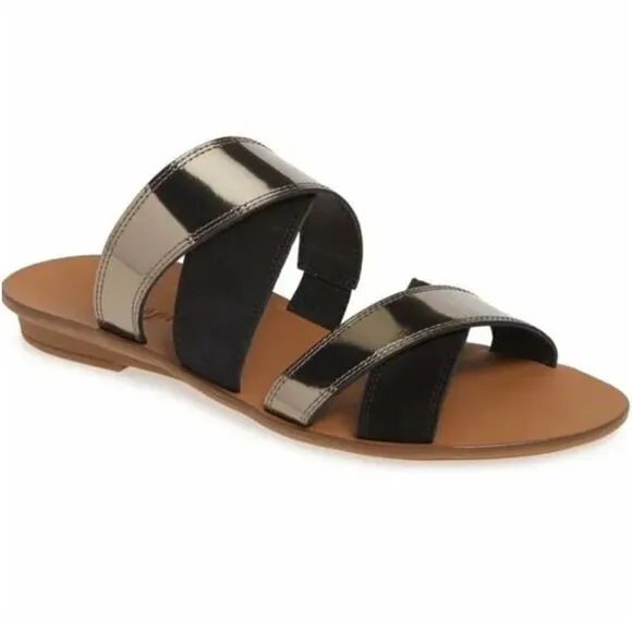 NEW Paul Green Venice Flat Strappy Slide Sandals Black Suede Patent Leather 9,5