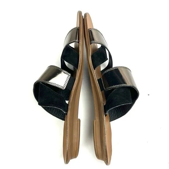 NEW Paul Green Venice Flat Strappy Slide Sandals Black Suede Patent Leather 9,5
