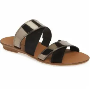 NEW Paul Green Venice Flat Strappy Slide Sandals Black Suede Patent Leather 9,5