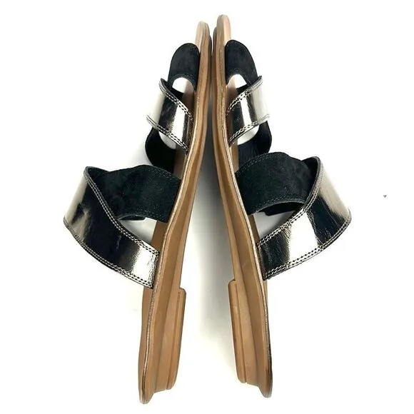 NEW Paul Green Venice Flat Strappy Slide Sandals Black Suede Patent Leather 9,5