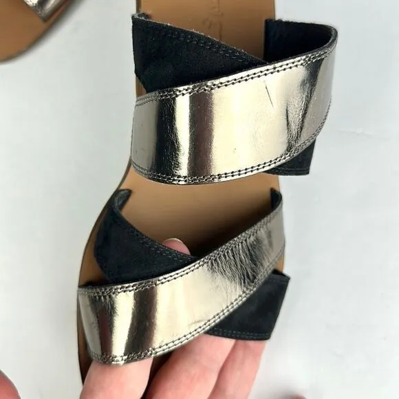 NEW Paul Green Venice Flat Strappy Slide Sandals Black Suede Patent Leather 9,5
