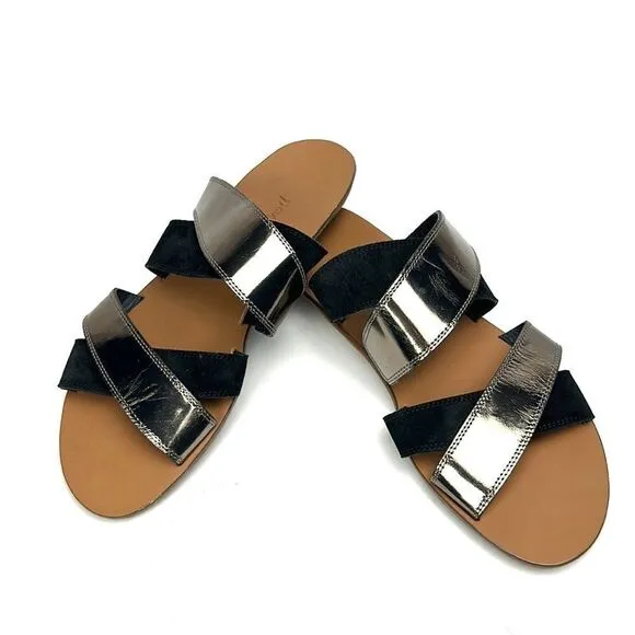 NEW Paul Green Venice Flat Strappy Slide Sandals Black Suede Patent Leather 9,5