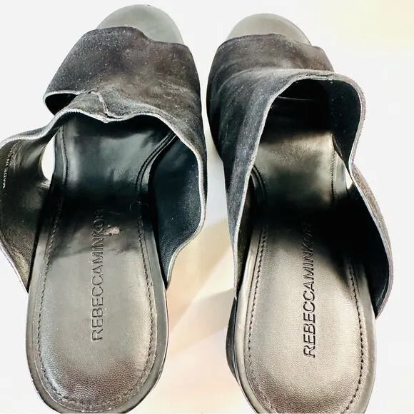 NEW REBECCA MINKOFF Classic Black Suede Chunky Platform Heeled Sandals Mules 8.5