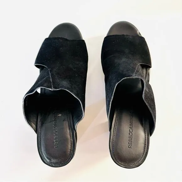 NEW REBECCA MINKOFF Classic Black Suede Chunky Platform Heeled Sandals Mules 8.5
