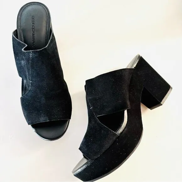 NEW REBECCA MINKOFF Classic Black Suede Chunky Platform Heeled Sandals Mules 8.5