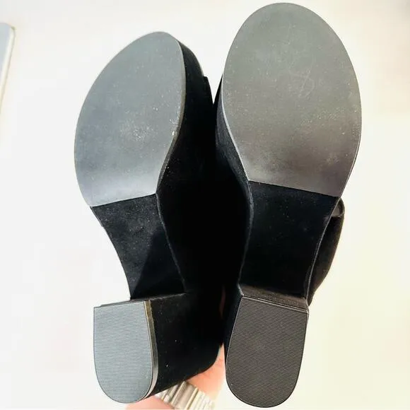 NEW REBECCA MINKOFF Classic Black Suede Chunky Platform Heeled Sandals Mules 8.5