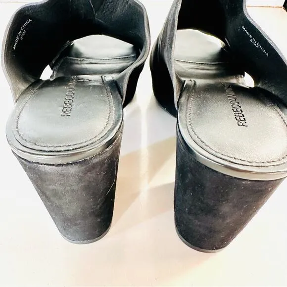NEW REBECCA MINKOFF Classic Black Suede Chunky Platform Heeled Sandals Mules 8.5