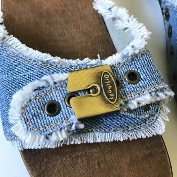 NEW Re/Done x Dr Scholl's Sandals Womens 36 6 Blue Washed Denim Wood Sole Buckle
