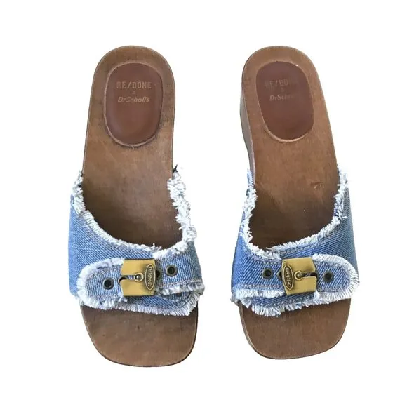 NEW Re/Done x Dr Scholl's Sandals Womens 36 6 Blue Washed Denim Wood Sole Buckle