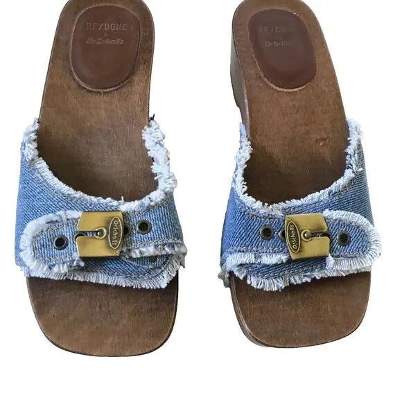 NEW Re/Done x Dr Scholl's Sandals Womens 36 6 Blue Washed Denim Wood Sole Buckle
