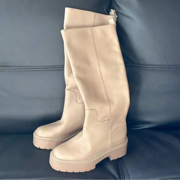 NEW Sam Edelman Larina Tall Platform Waterproof Leather Boots Sesame Tan Size 5