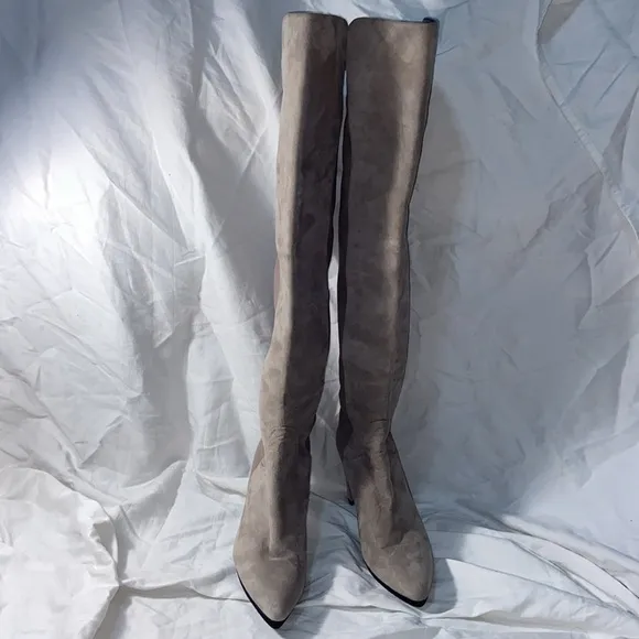 New Stuart Weitzman taupe Suede Stretch Over The Knee Block Heels Boots