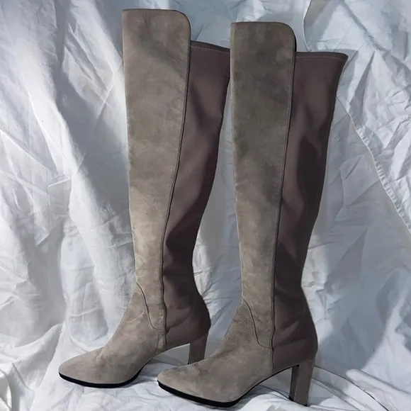 New Stuart Weitzman taupe Suede Stretch Over The Knee Block Heels Boots