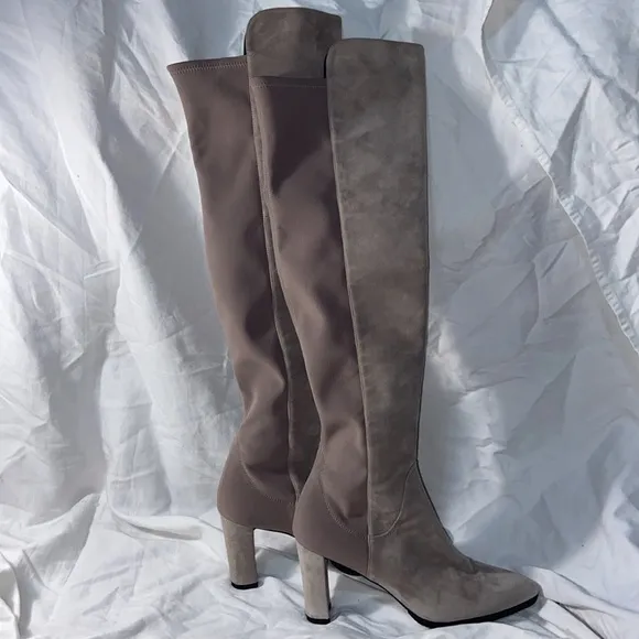 New Stuart Weitzman taupe Suede Stretch Over The Knee Block Heels Boots