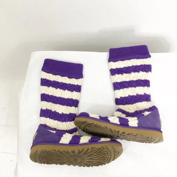 NEW UGG Classic Tall Stripe Cable Knit Boots, Size 8, Purple and White