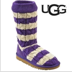 NEW UGG Classic Tall Stripe Cable Knit Boots, Size 8, Purple and White
