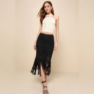 NEW with Tags (NWT) Lulus Enviable Summer Black Crochet Fringe Midi Skirt