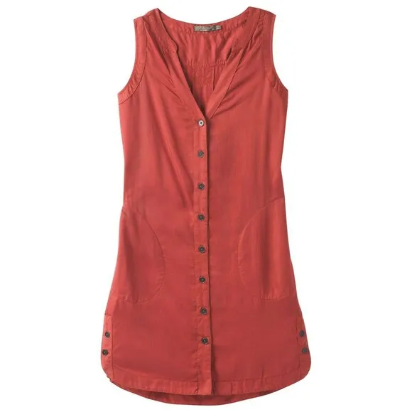 New Womens NWT PrAna M Talton Dress Pockets Patina Red Buttons Sleeveless Soft