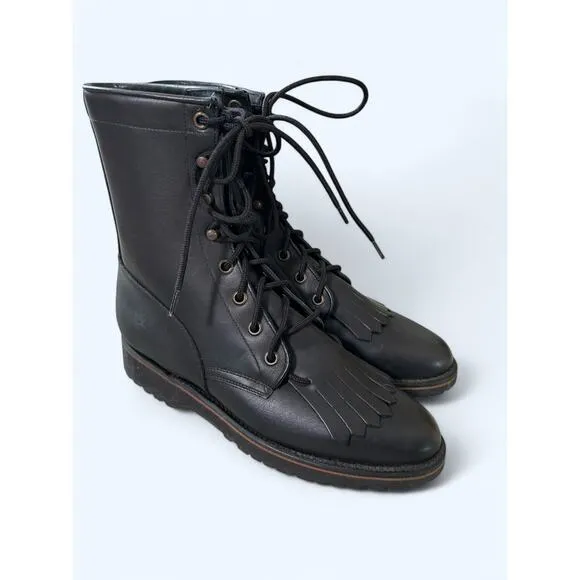 NEW Women's Tony Lama Black Leather Roper Lace Up Kiltie Boots 5.5 B