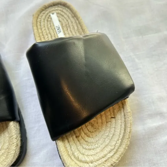 New Zara Black Quilted Flat Sandals with Jute 3621/710 Size 10