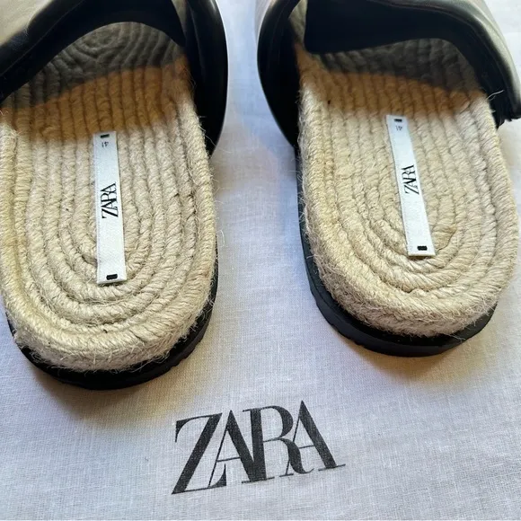 New Zara Black Quilted Flat Sandals with Jute 3621/710 Size 10