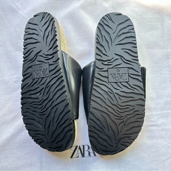 New Zara Black Quilted Flat Sandals with Jute 3621/710 Size 10