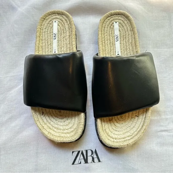 New Zara Black Quilted Flat Sandals with Jute 3621/710 Size 10