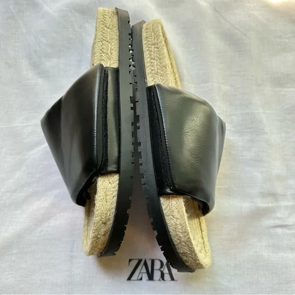 New Zara Black Quilted Flat Sandals with Jute 3621/710 Size 10