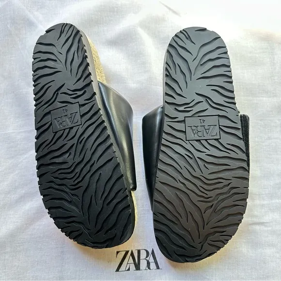 New Zara Black Quilted Flat Sandals with Jute 3621/710 Size 10