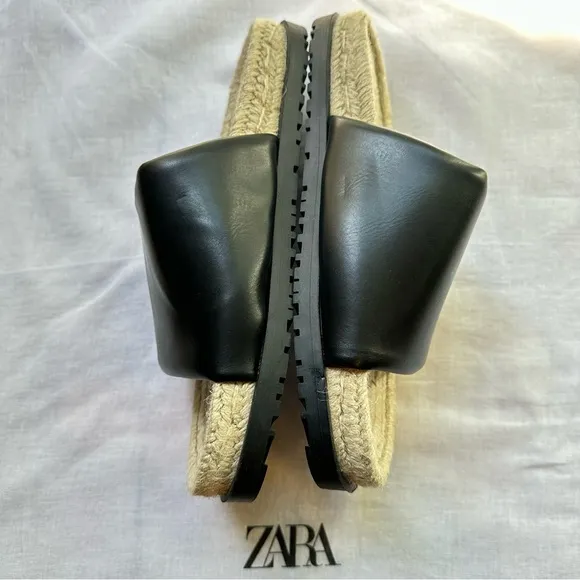 New Zara Black Quilted Flat Sandals with Jute 3621/710 Size 10