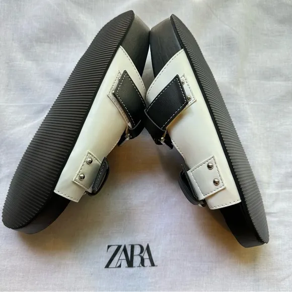 New Zara Flat Buckled Black and White Sandals 1609/610 Size 10