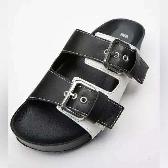 New Zara Flat Buckled Black and White Sandals 1609/610 Size 10