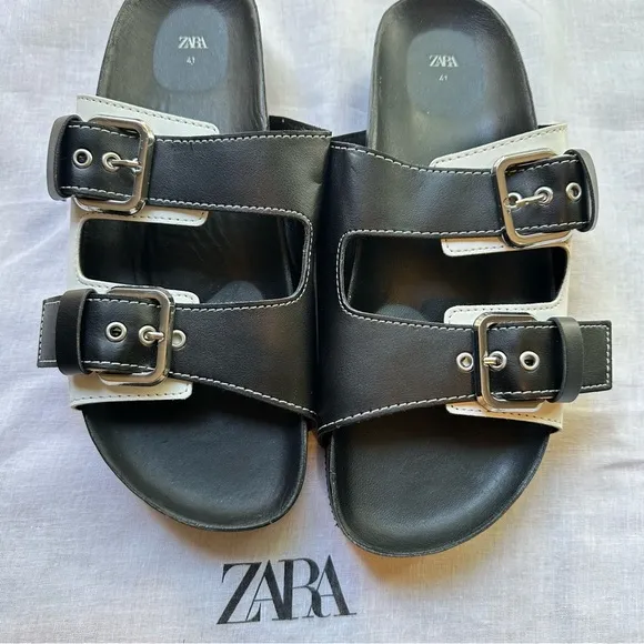 New Zara Flat Buckled Black and White Sandals 1609/610 Size 10